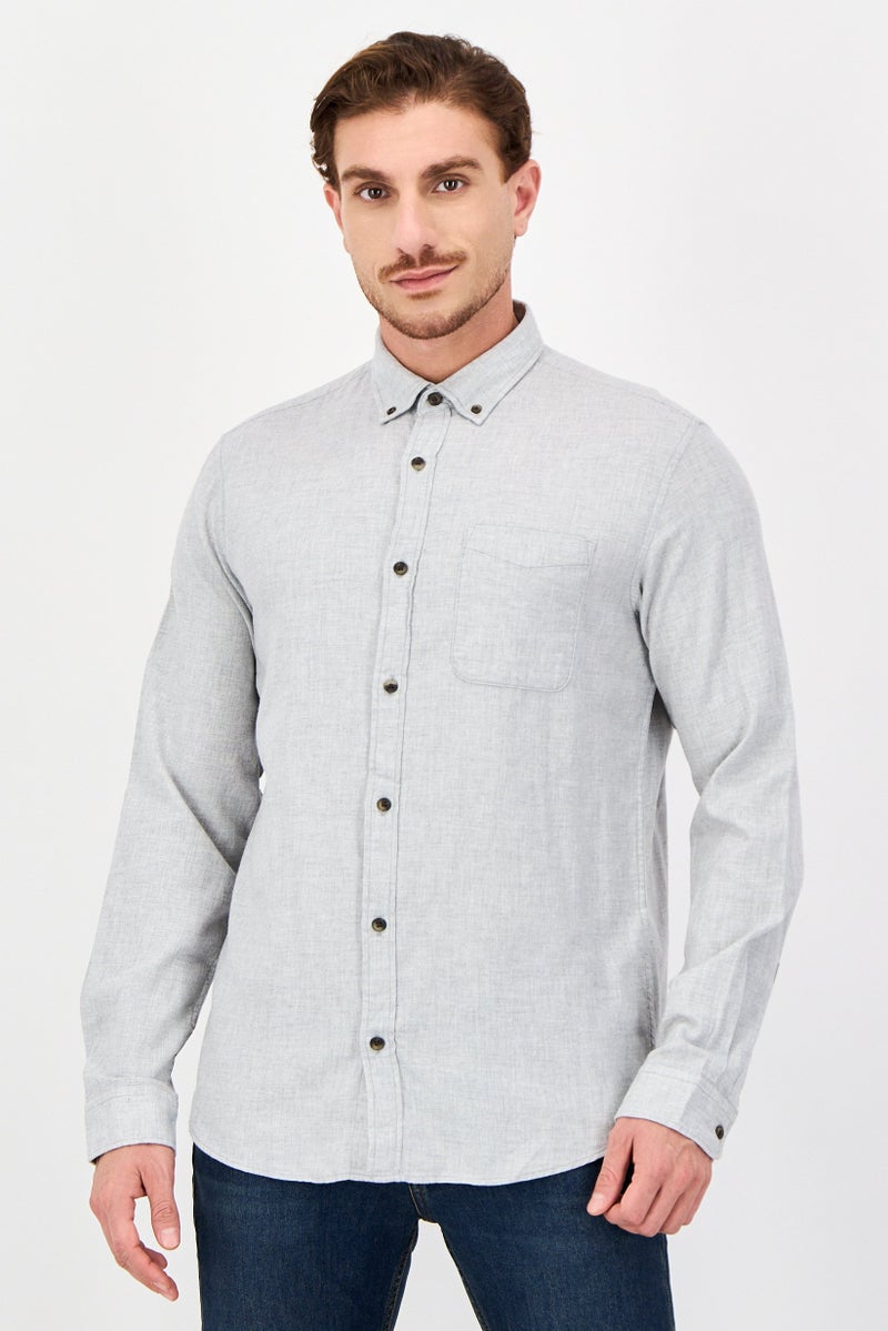 JACK & JONES Men Regular Fit Heather Long Sleeve Casual Shirt, Grey - Image 1